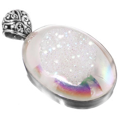925 Silver Oval White Opal Titanium Druzy Drusy Sterling Pendant, 2 1/4"