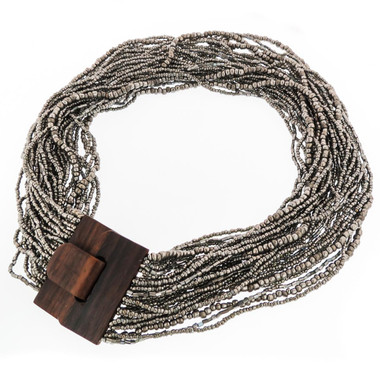 Exotic Handmade Pewter Wood Buckle Seed Bead Necklace
