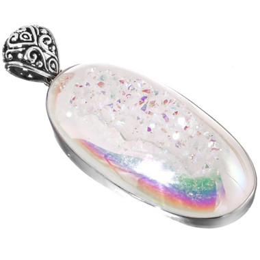 925 Silver Large Oval White Opal Titanium Druzy Drusy Sterling Pendant, 2 1/2"