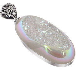 925 Silver Large Oval White Opal Titanium Druzy Drusy Sterling Pendant, 2 1/2"