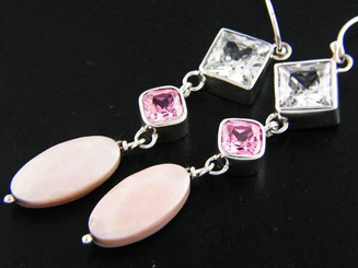 925 Silver White And Pink Quartz Mother Of Pearl Shell Earrings, 2"