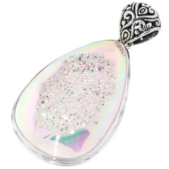 925 Silver Big Pear Opal Titanium Druzy Drusy Sterling Pendant, 2 1/8"