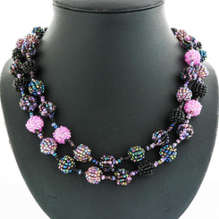 Handbeaded Pink Black Peacock Beads Long Necklace, 46"