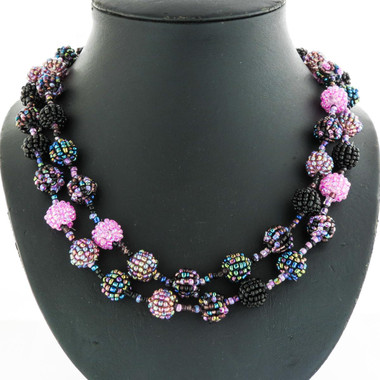 Handbeaded Pink Black Peacock Beads Long Necklace, 46"