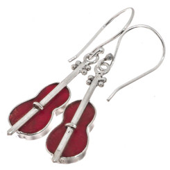 925 Silver Adorable Violin Red Sponge Coral Sterling Earrings, 0.8"