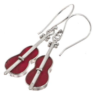925 Silver Adorable Violin Red Sponge Coral Sterling Earrings, 0.8"