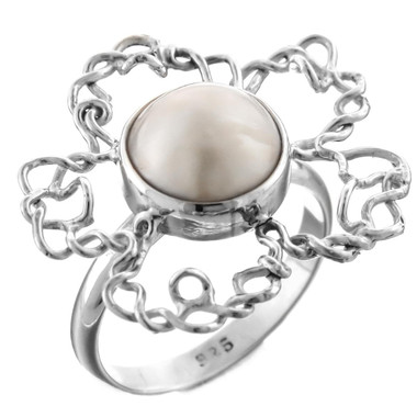 White Mabe Cultured Pearl Bali Handmade Flower 925 Sterling Silver Ring