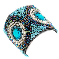 Cool Turquoise Peacock Beige Fashion Seed Beads Bracelet, 1 3/4"