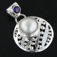 925 Silver White Pacific Ocean Mabe Pearl Amethyst Sterling Pendant, 1 1/2"