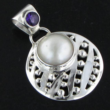 925 Silver White Pacific Ocean Mabe Pearl Amethyst Sterling Pendant, 1 1/2"