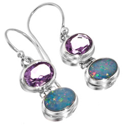 925 Silver Amethyst Gems 10mm Natural Australian Opal Sterling Earrings, 1/2"