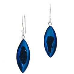925 Silver Cobalt Blue Titanium Druzy Drusy Eye Cone Sterling Earrings, 1"