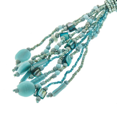 17" HANDBEADED TURQUOISE BLUE CHIPS GLASS SEED BEADS FAUX LARIAT TASSEL necklace