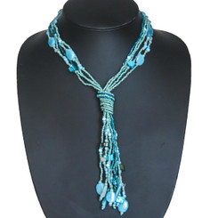 17" HANDBEADED TURQUOISE BLUE CHIPS GLASS SEED BEADS FAUX LARIAT TASSEL necklace