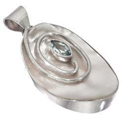 925 Silver Marquise Blue Topaz Mother Of Pearl Shell Sterling Pendant, 2 1/8"