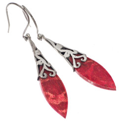 925 Silver Red Coral Filigree Sterling Dangle Drop Earrings, 1 5/8"
