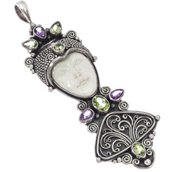 925 Silver Goddess Peridot Amethyst Gemstone Sterling Filigree Pendant, 3 1/8"