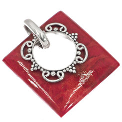 925 Silver Handmade Square Red Sponge Coral Sterling Pendant, 1 3/8"