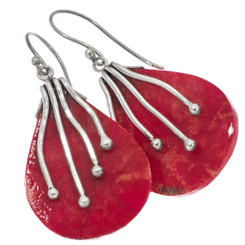 925 Silver Handmade Red Sponge Coral Sterling Dangle Earrings, 1 3/16"