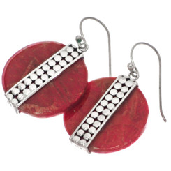 925 Silver Design Red Coral Round Disc Sterling Dangle Earrings, 3/4"