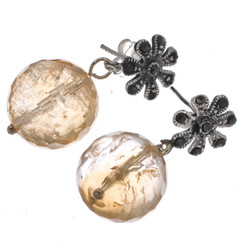 Faceted Citrine Ball Dangling Silver Marcasite Post Back Earrings, 1"