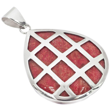925 Silver Double Sided Teardrop Mosaic Red Coral Sterling Pendant, 2"