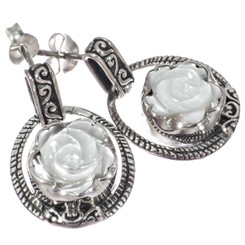 Mother Of Pearl Shell Flower Sterling Silver Post Earrings, 13/16"