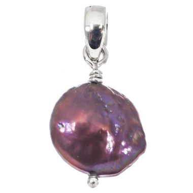 925 Silver Purple Bronze Baroque Biwa Freshwater Coin Pearl Sterling Pendant, 1"