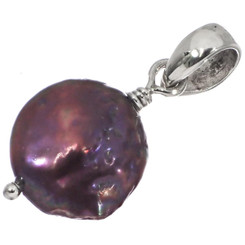 925 Silver Purple Bronze Baroque Biwa Freshwater Coin Pearl Sterling Pendant, 1"