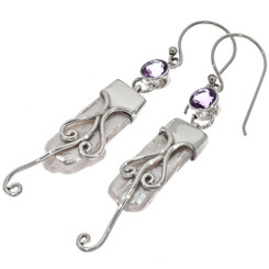 925 Silver Amethyst White Freshwater Stick Pearl Drop Dangle Earrings, 1 5/8"