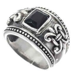 Onyx Oxidized Fleur De Lis Design 925 Sterling Silver Band Ring, US 6.5-8