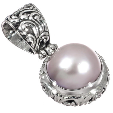 925 Silver Scroll Filigree Baby Pink Mabe Ocean Pearl Sterling Pendant, 1 3/8"