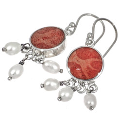 925 Silver Red Coral Freshwater White Rice Pearl Sterling Earrings, 13/16"