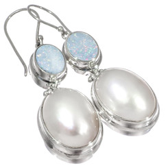 925 Silver White Mabe Pearl Natural Opal Gems Sterling Earrings, 1 3/8"