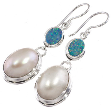 925 Silver White Mabe Pearl Natural Opal Gems Sterling Earrings, 1 3/8"