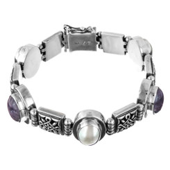 925 Silver Heavy 67 Grams Amethyst Mabe Pearl Sterling Bracelet, 8"
