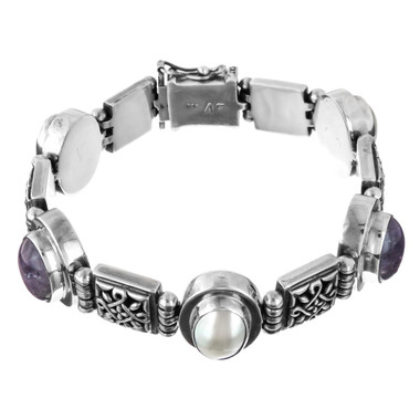 925 Silver Heavy 67 Grams Amethyst Mabe Pearl Sterling Bracelet, 8"