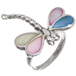 Dragonfly Mult-Color Mother Of Pearl Shell 925 Sterling Silver Ring 8