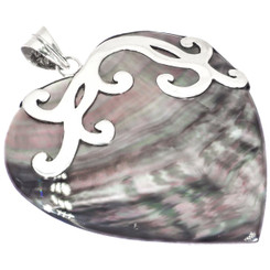 Lusterous Heart Black Mother Of Pearl Shell Sterling Silver Pendant, 2 1/4"