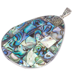 925 Silver Teardrop Mosaic Paua Abalone Shell Sterling Pendant, 3"