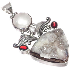 Agate Druzy Red Garnet White Mabe Pearl 925 Sterling Silver Pendant, 2 3/4"