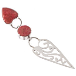 925 Silver Cascading Heart Red Coral Sterling Filigree Drop Pendant, 3 1/8"