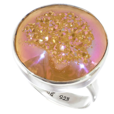 925 Silver Us-made Titanium Druzy Drusy Pink Azalea Adj Sz 9 Ring, 7/8"