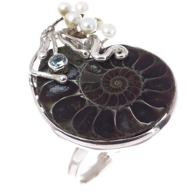 Madagascar Ammonite Fossil Topaz Pearl 925 Sterling Silver Us 9 Ring