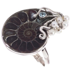 Madagascar Ammonite Fossil Topaz Pearl 925 Sterling Silver Us 9 Ring