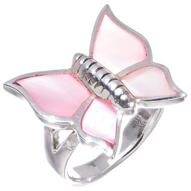 Pink Butterfly Mother Of Pearl Shell 925 Sterling Silver Sz 6.5 Ring