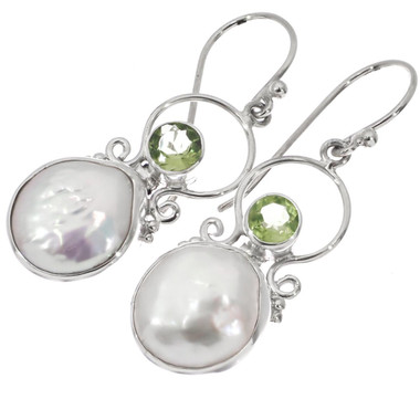 925 Silver White Coin Freshwater Cultured Pearl Peridot Sterling Earrings, 7/8"
