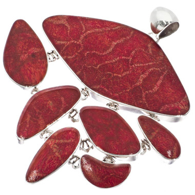 925 Silver Excentric Big Red Coral Sterling Pendant, 2 3/4"
