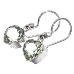 925 Silver Dainty Prasiolite Heart Green Amethyst Sterling Filigree Earrings, 1"