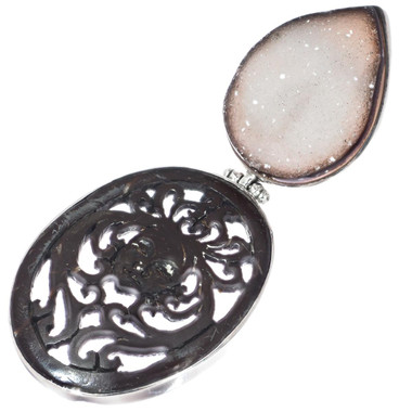 925 Silver Handcarved Goddess Coconut Natural Druzy Drusy Pendant, 3 7/16"